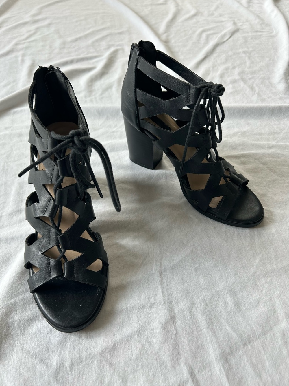 Forever 21 Caged Lace Up Faux Leather Block Heel Sandals